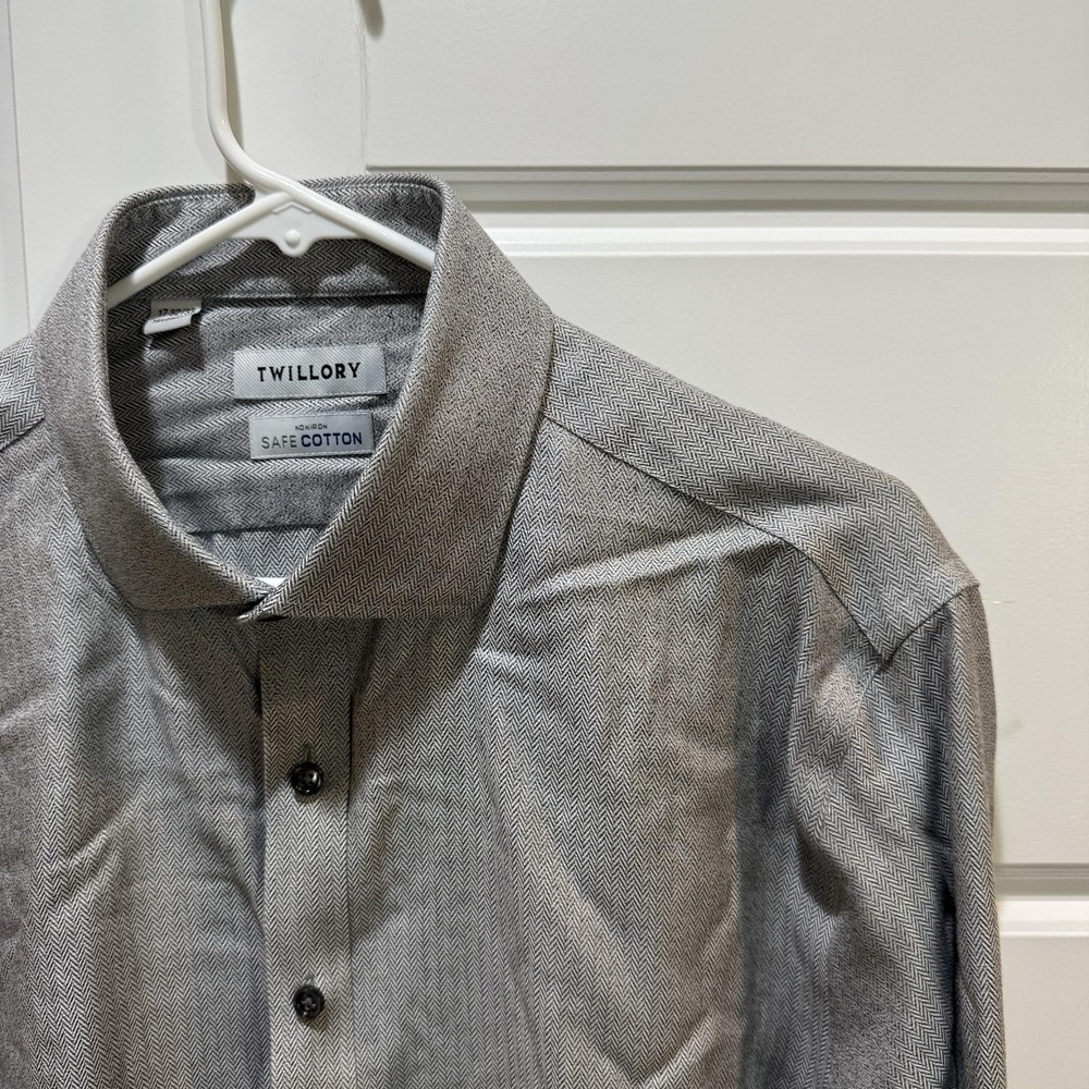 Twillory Shirt Mens 17 32/33 Gray Herringbone Non Iron Slim Fit Long Sleeve